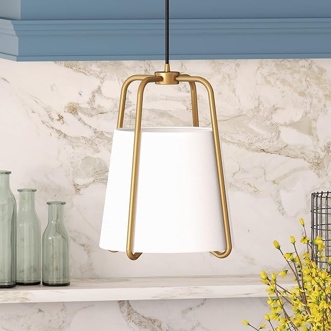 Marduk 11" Wide Pendant with Fabric Shade in Brass/White | Amazon (US)