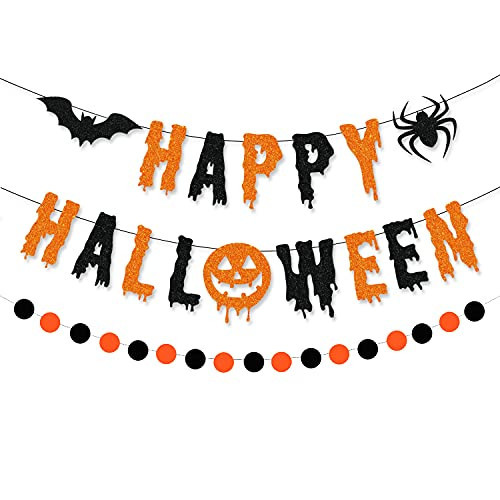 CAVLA Glitter Happy Halloween Banner and Circle Dots Garland Black Orange Glittery Halloween Garland Banner with Bat and Spider Signs Haunted Houses Wall Fireplace Party Decorations Supplies | Amazon (US)