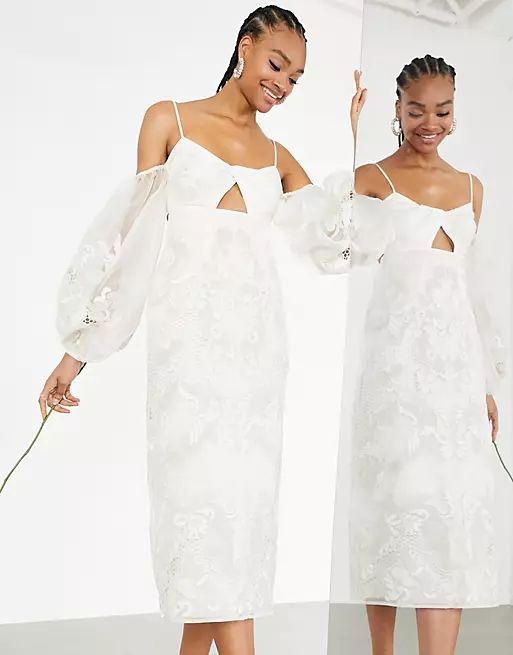 ASOS EDITION Willow embroidered twist front midi wedding dress with statement sleeve | ASOS (Global)