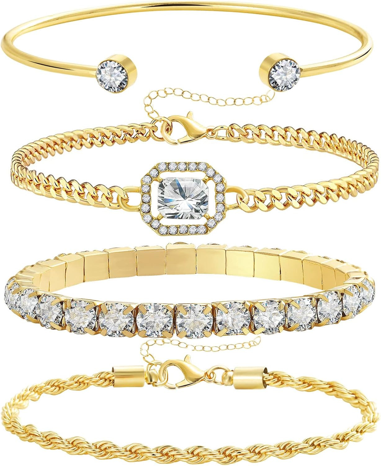 4 Pcs Dainty Gold Silver Bracelets Set for Women, 14K Plated Link | Amazon (US)