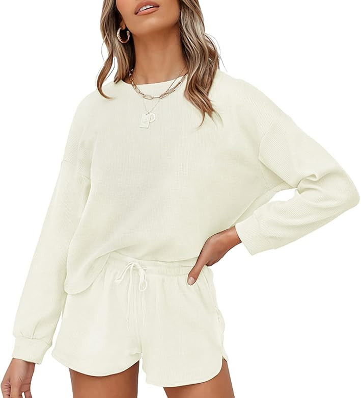 ZESICA Women's Waffle Knit Long Sleeve Top and Shorts Pullover Nightwear Lounge Pajama Set with P... | Amazon (US)