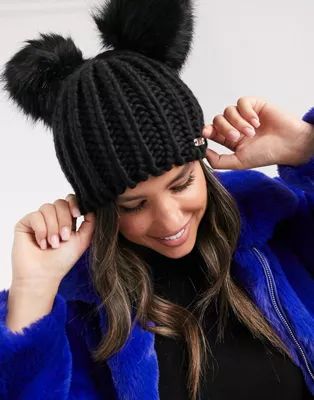 River Island knitted beanie hat with pom poms in black | ASOS US