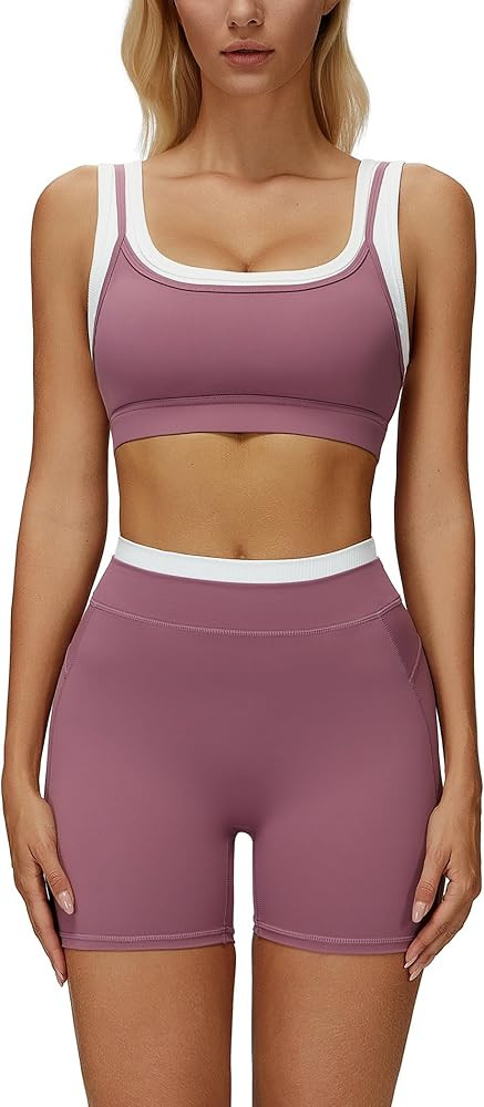 ABOCIW Womens Layerd Workout Sets Square Neck Sports Bra Tummy Control High Waist Biker Shorts Yo... | Amazon (US)