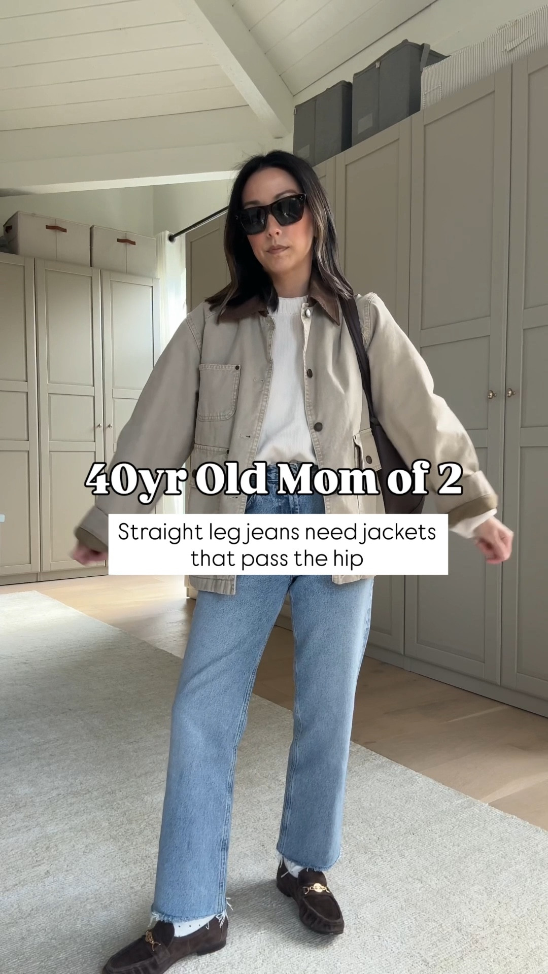 40yr old mom of 2 daily outfit - straight-leg jeans need jackets that pass the hips, nothing cropped. 

Mango jacket xs (old)
Everlane cotton sweater xs
Everlane box cut tee medium
AGOLDE valen jeans 25, cut hems
Madewell socks (old)
Sam Edelman loafers 5 (old)
Mansur Gavriel tote
Celine sunglasses

#LTKootd #LTKmomlife #LTKPetite