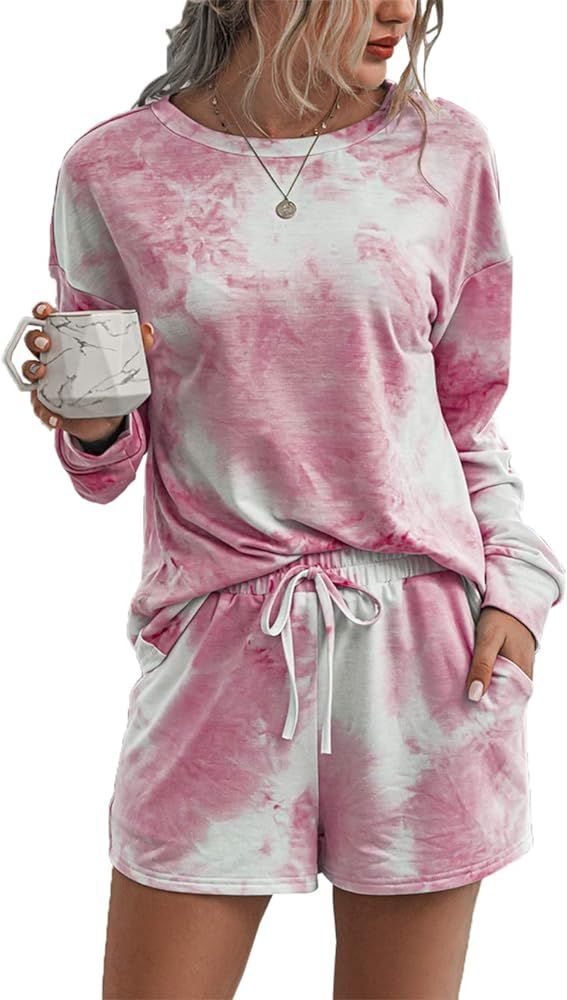 Women’s Tie Dye Printed Pajamas Set Long Sleeve Tops with Shorts Lounge Set Casual Two-Piece Sl... | Amazon (US)