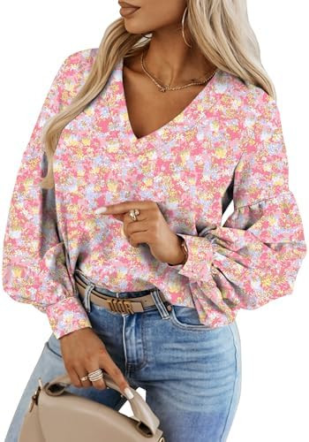 Caracilia Womens Dressy Casual Blouses Puff Long Sleeve Shirts V Neck Floral Boho Tops 2025 Fall ... | Amazon (US)