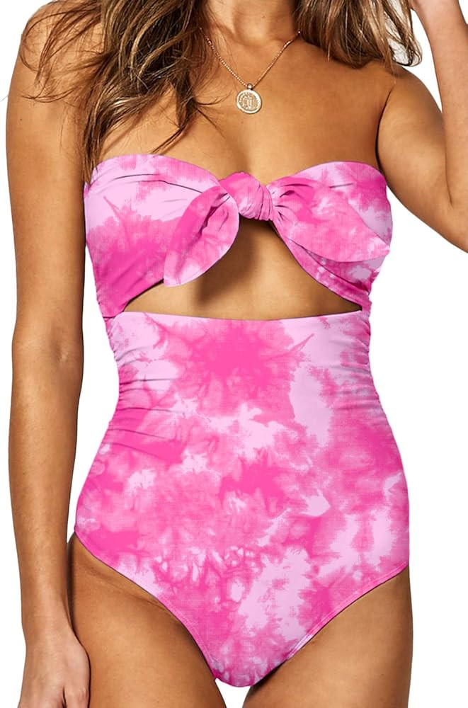 QINSEN Womens Sexy Strapless Tie Knot Front High Waist One Piece Swimsuit | Amazon (US)