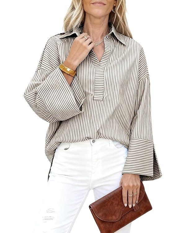 Watashi Women Button Down Shirt Casual Striped Print Dressy Henley Shirts Loose Long Sleeve Colla... | Amazon (US)