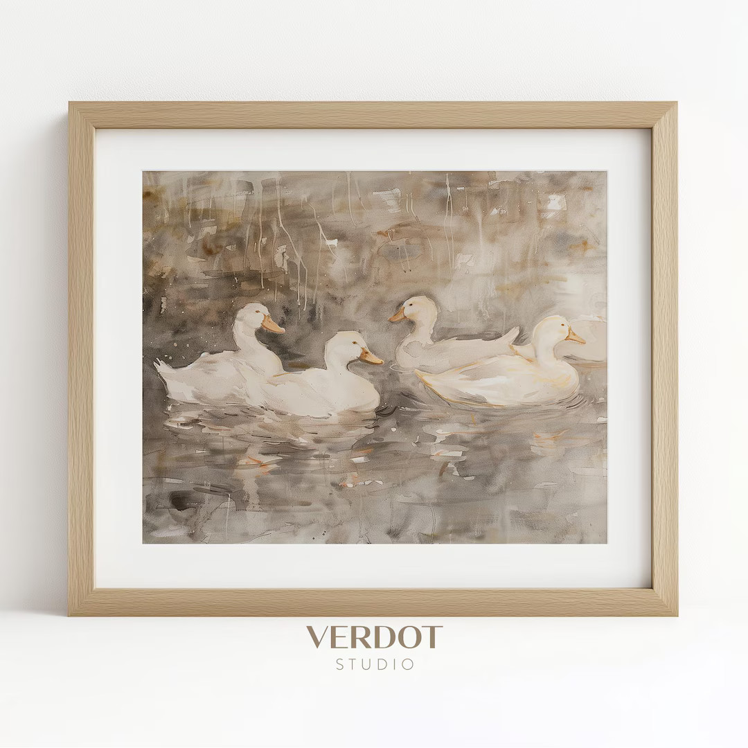 Neutral Spring Print, Vintage Printable Wall Art, Geese Duck Pond Painting, Country River Abstrac... | Etsy (US)