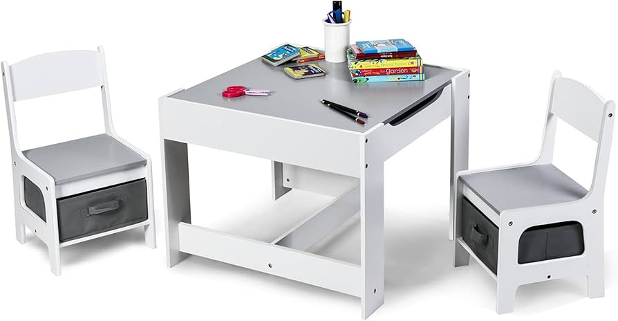KOTEK Kids Wood Table and 2 Chairs Set with Blackboard & Storage Drawers, Children Multi Activity... | Amazon (US)