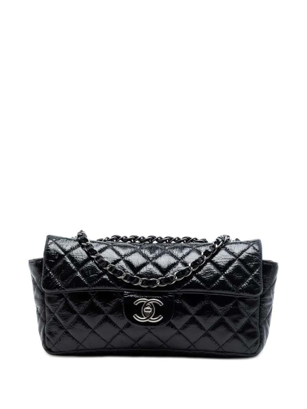 CHANEL Pre-Owned 2008-2009 Quilted Crinkled Patent East West Single Flap shoulder bag - Black | Farfetch Global