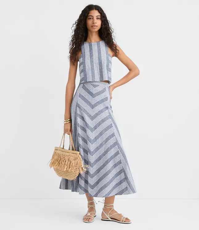 Petite Chevron Linen Blend Midi Skirt | LOFT