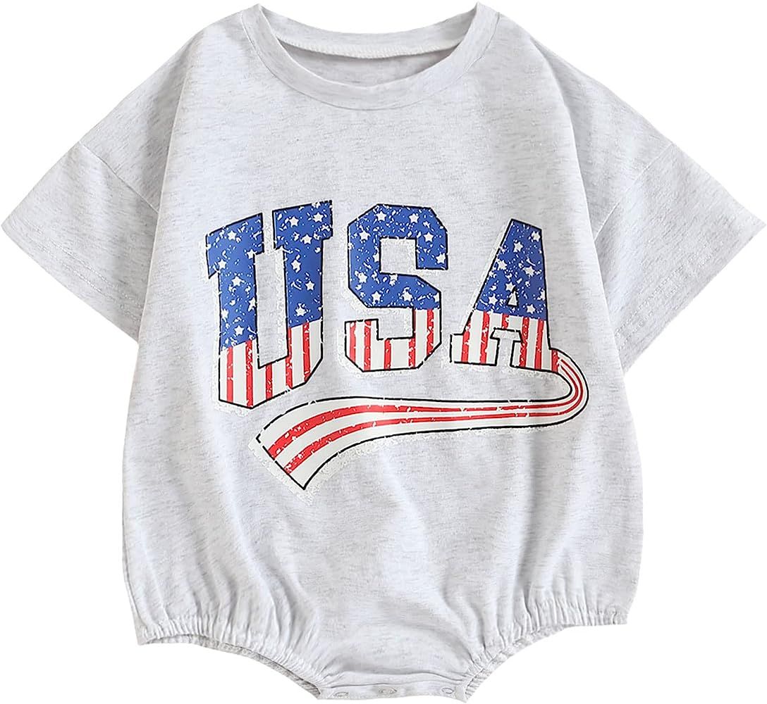 Toddler Baby 4th of July Outfit Boy Girl Oversized Romper/Shirts+Shorts Retro American Flag Matching | Amazon (US)