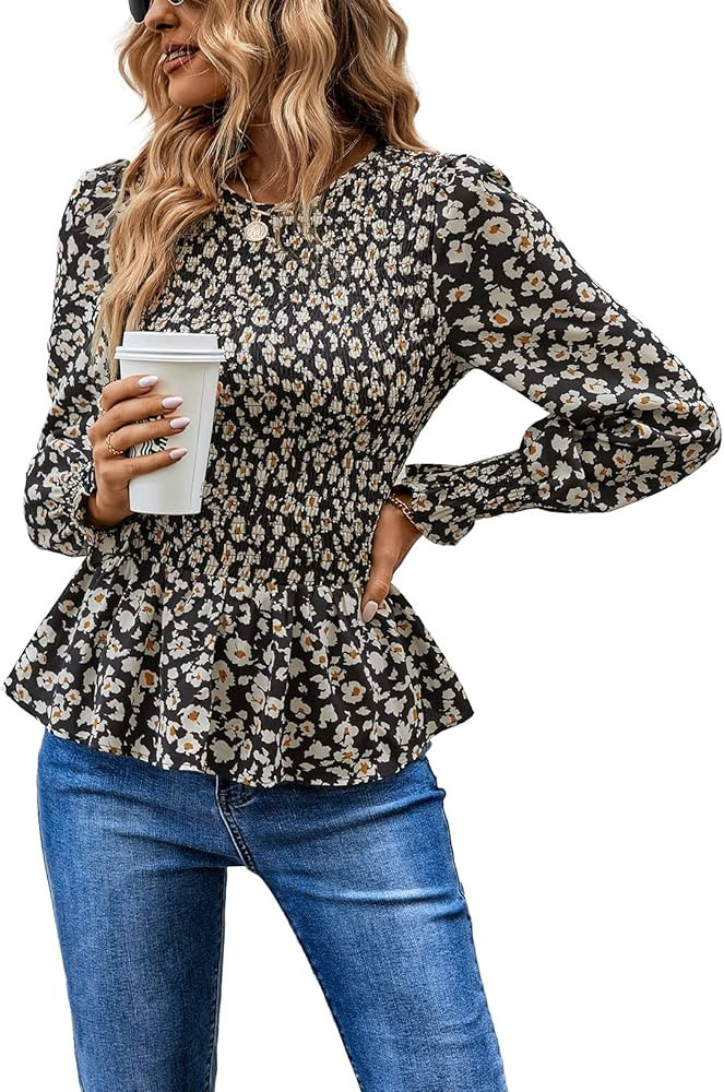 PRETTYGARDEN Women's Tops Casual Long Sleeve Crewneck Floral Print Smocked Ruffle Hem Slim Babydo... | Amazon (US)