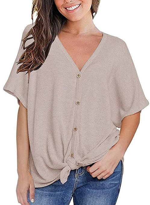 Fronage Womens Loose Blouse Short Sleeve V Neck Button Down T Shirts Tie Front Knot Casual Tops | Amazon (US)