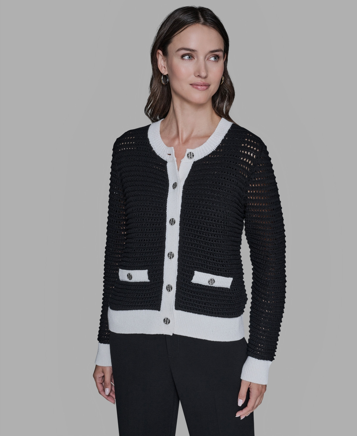 Karl Lagerfeld Paris Women's Button-Front Cardigan - Black/soft White | Macy's