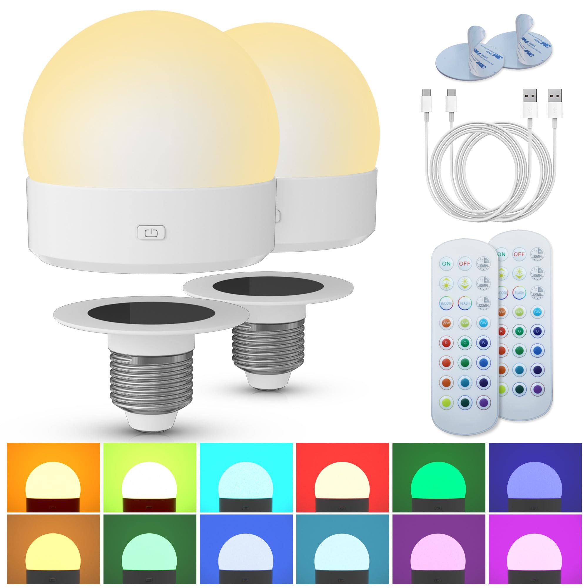 Rechargeable Battery Night Light Bulb: 3000mAh LED Bulb with Remote Control for Lamp, Wireless E26 USB Puck Light 400LM with Timer, 3 Color Temperature+12 RGB Color, Magnetic Camping Outdoor , 2pcs | Amazon (US)