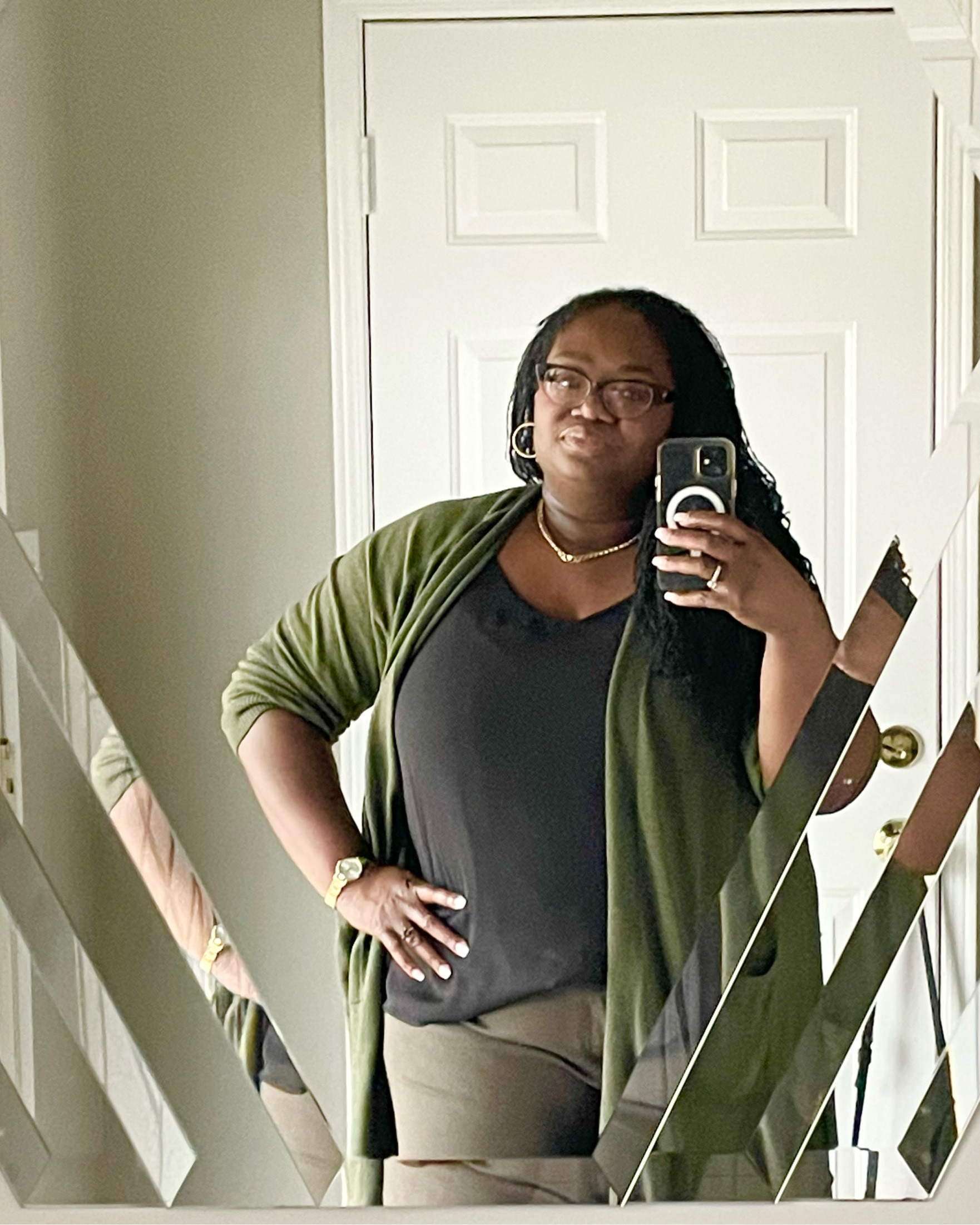Feeling cozy comfy in olive green. 

Green cardigan, green leggings, gold jewelry 

#LTKSeasonal #LTKworkwear #LTKplussize