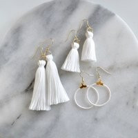 White Earrings, Hoop Bridal Wedding Bohemian Long Tassel Pure Tassle | Etsy (US)