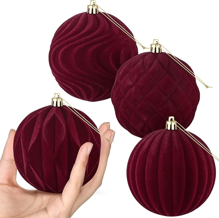 4 Pcs 4 Inch Burgundy Large Velvet Christmas Ball Ornaments Vintage Christmas Plastic Ball Orname... | Amazon (US)