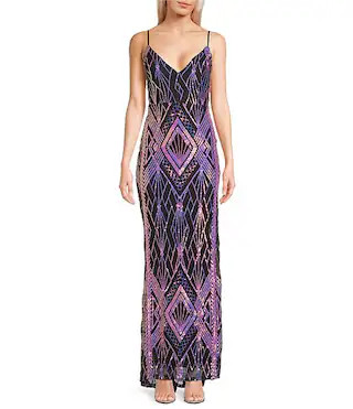 Honey and Rosie Deep V-Neck Sequin Patterned Long Dress | Dillard's | Dillard's
