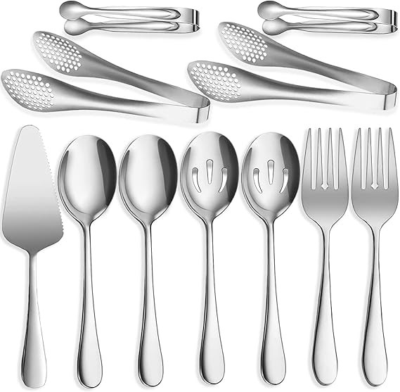 11 PCS Serving Utensils, Large Stainless Steel Spoons Forks Tongs, Pie Server, Great for Hostess ... | Amazon (US)