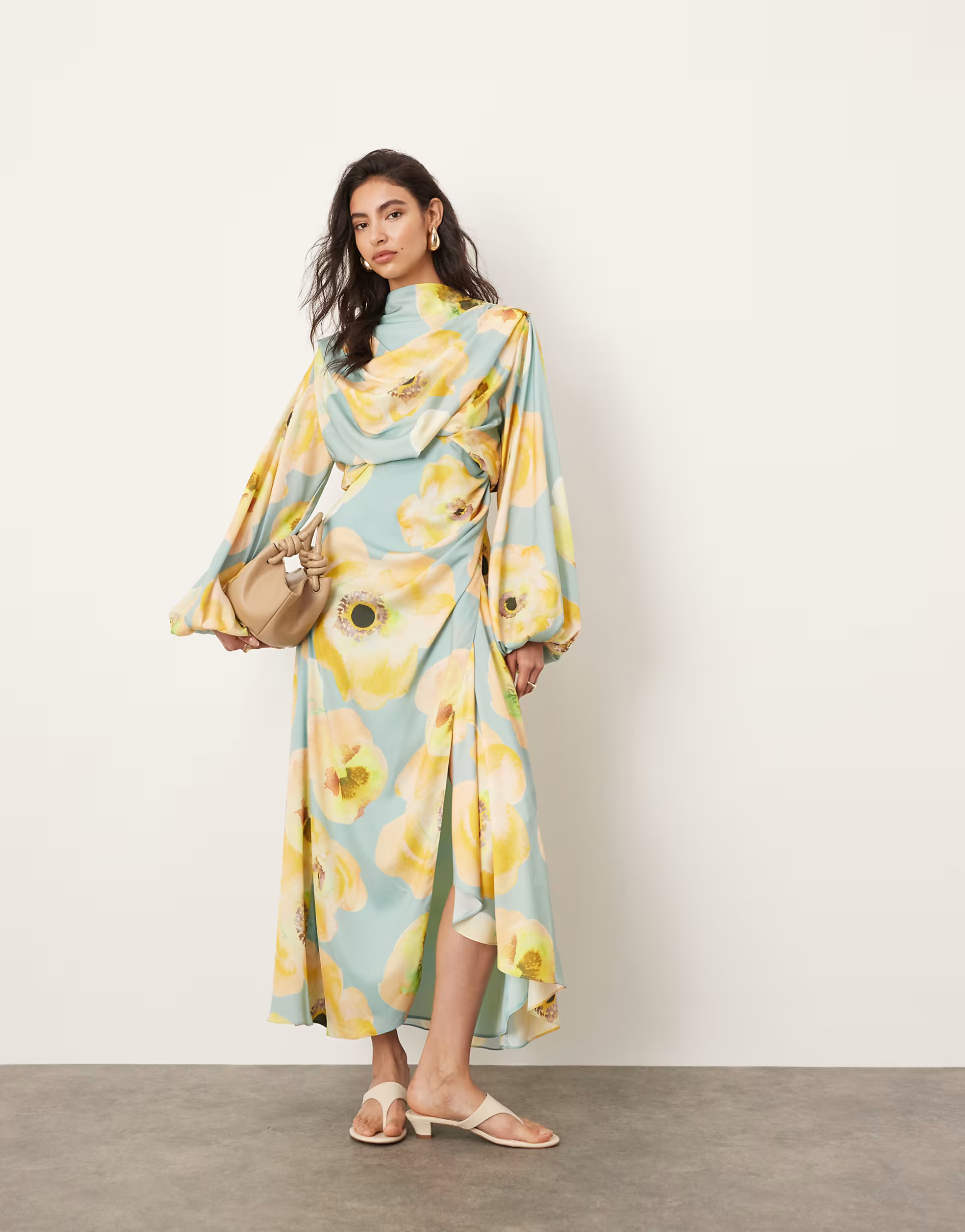 ASOS EDITION satin volume blouson sleeve satin midi dress in large floral print | ASOS (Global)