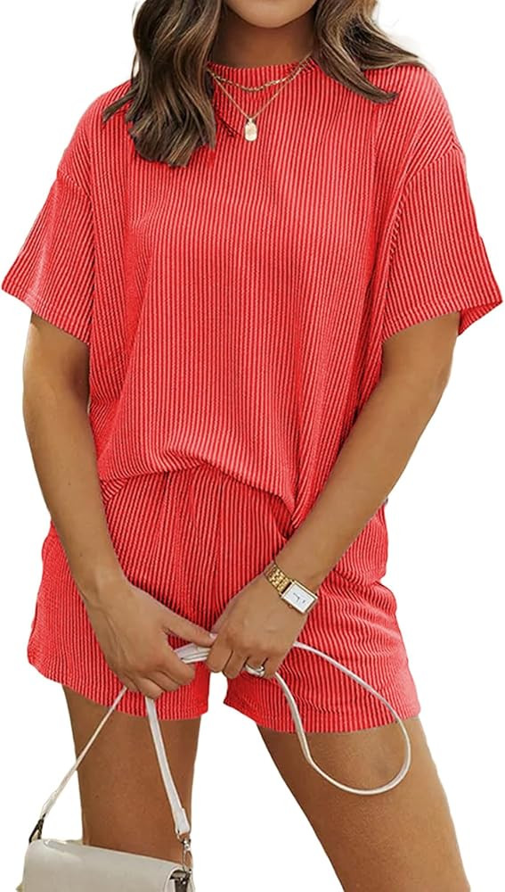 SHEWIN Two 2 Piece Sets for Women Short Sleeve Shirts High Waisted Shorts with Pockets Pajamas Lo... | Amazon (US)