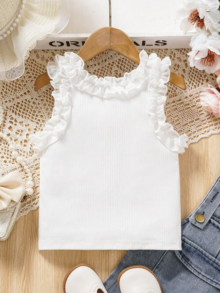 SHEIN Young Girls Fashionable Solid Color Ruffled Tank Top For Summer | SHEIN