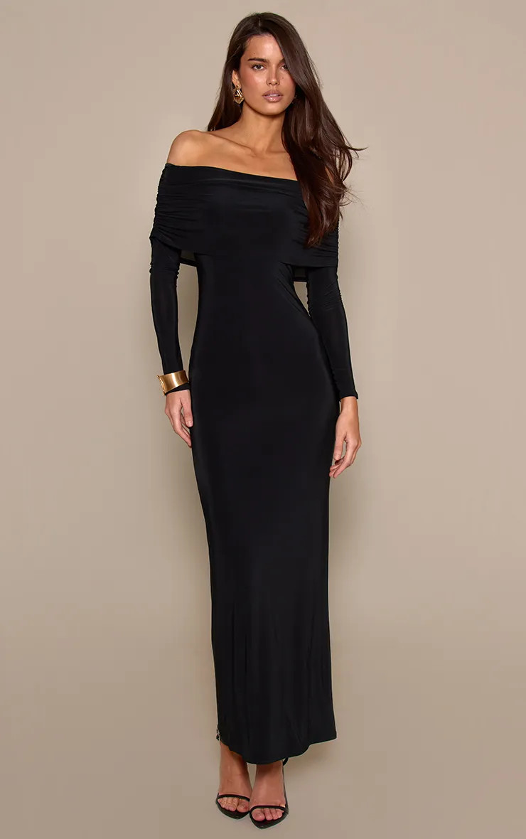 Black PrettyLittleThing Double Layer Slinky Bardot Maxi Dress | Boohoo | Boohoo.com (UK & IE)