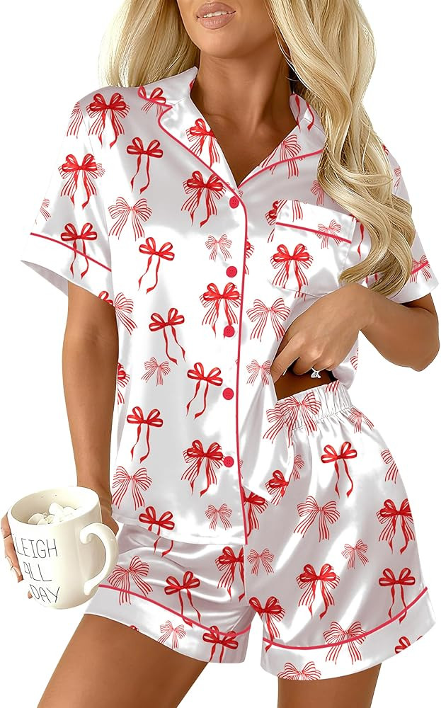 Ekouaer Womens Christmas Pajamas Silk Satin Sleepwear Holiday Matching Pjs Funny Short Sleeve But... | Amazon (US)