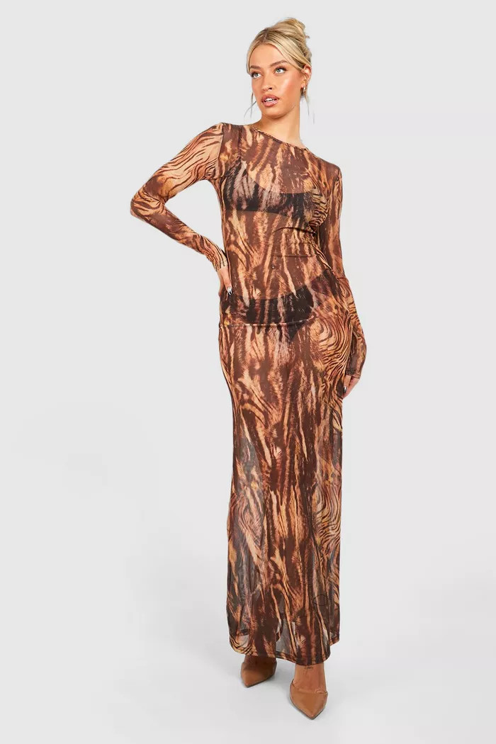 Leopard Print Mesh Long Sleeve Maxi Dress | Boohoo.com (UK & IE)