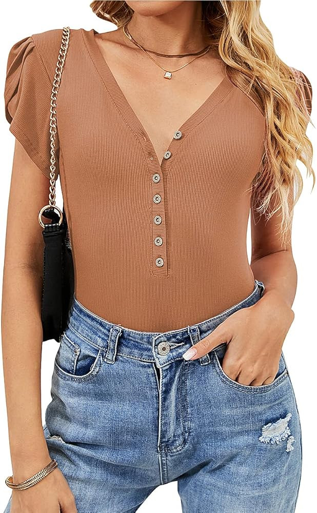 IHOT Women Sexy Deep V Neck Button Down Petal Sleeve Tops Stretchy Ribbed Basic Bodysuit Jumpsuit | Amazon (US)