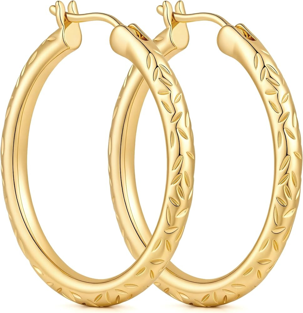 Gold Hoop Earrings 14K Gold Earrings for Women 14K Gold Hoop Earring for Women Leaf-Inspired Engr... | Amazon (US)