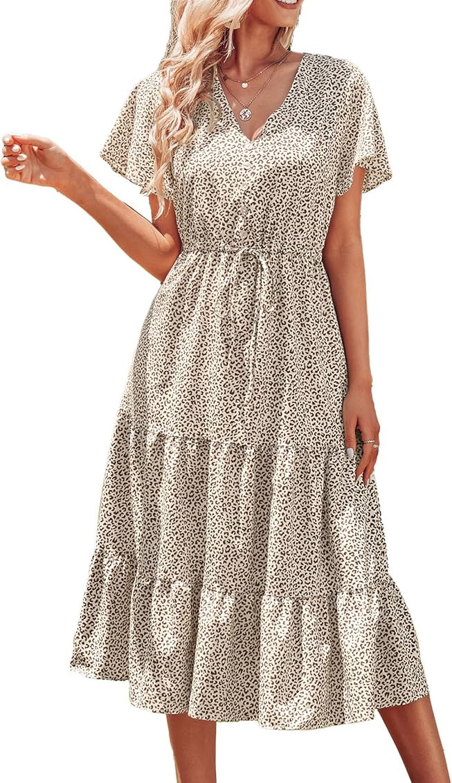 PRETTYGARDEN Women's Floral Boho Dress Casual Short Sleeve V Neck Ruffle Tiered 2023 Summer Swing... | Amazon (US)