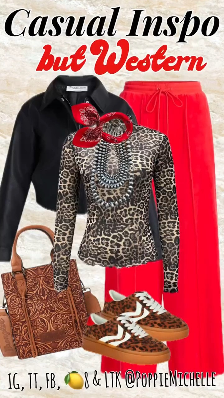 Outfit Inspiration …but western 

Comfy Cowgirl is the vibe for today! 

Velour wide leg pants with a front seam make them feel finished. I’m wearing a medium

This sheer long sleeve mesh leopard print top stays on repeat in my closet its fitted so I’m wearing a large for some pinch room

I threw on some leopard sneakers, a black satin bandanna scarf and some silver jewelry and I am ready. 

I love looking good at affordable prices. If you can relate- tap that HEART!

I’m 5’8 | 148 lbs | Typically a Medium 4/6 (27) | Tall (36)

Follow my LTK @PoppieMichelle on the @shop.LTK app to view this post and get my exclusive app-only content!
#westernfashion #cowgirlfashion #westernstyle #nfrfashion  #traveloutfit 

liketkit LTKdayinmylife LTKootd
@shop.ltk
https://liketk.it/5BXo0