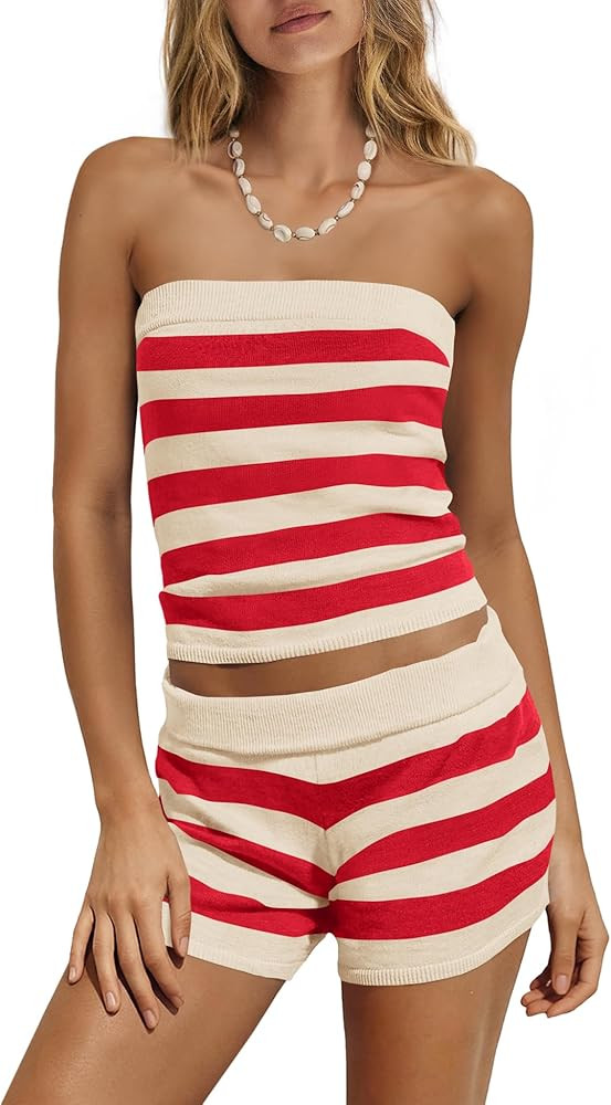 Nirovien Womens Striped Lounge Sets Strapless 2 Piece Outfits Travel Vacation Sets Cropped Tube T... | Amazon (US)