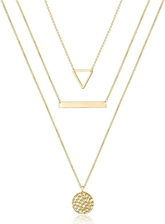 Dainty Layered Choker Necklace, Handmade 14K Gold Plated Y Pendant Necklace Multilayer Bar Disc N... | Amazon (US)