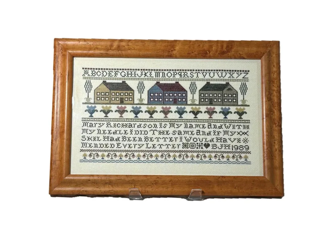 Vintage Cross Stitch Sampler 1989 – Mary Richardson Alphabet Houses (Bird's Eye Maple Frame) | Etsy (US)