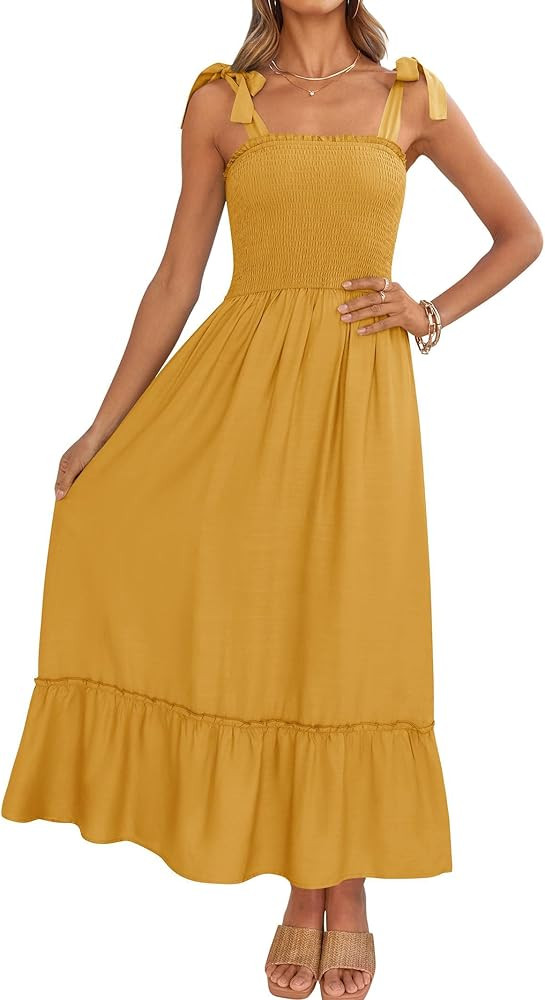 ZESICA Women's 2025 Summer Boho Spaghetti Strap Square Neck Solid Color Ruffle A Line Beach Long ... | Amazon (US)