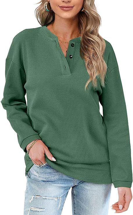 OFEEFAN Womens Casual Sweatshirts Henley Button Up Long Sleeve Tunic Tops | Amazon (US)