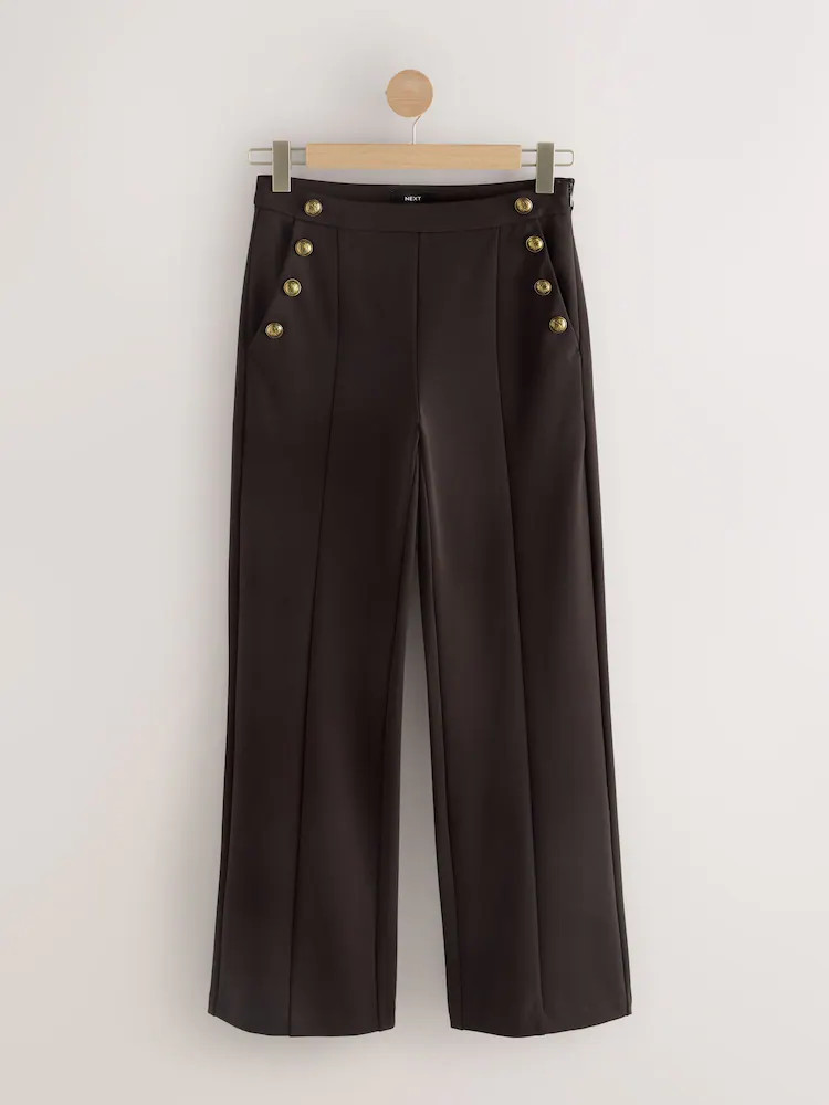 Chocolate Brown Ponte Wide Leg Trousers With Gold Button Detailing | Next US