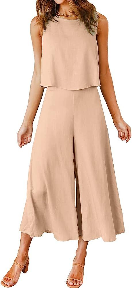 ROYLAMP Women's Summer 2 Piece Outfits Round Neck Crop Basic Top Cropped Wide Leg Pants Set Jumps... | Amazon (US)