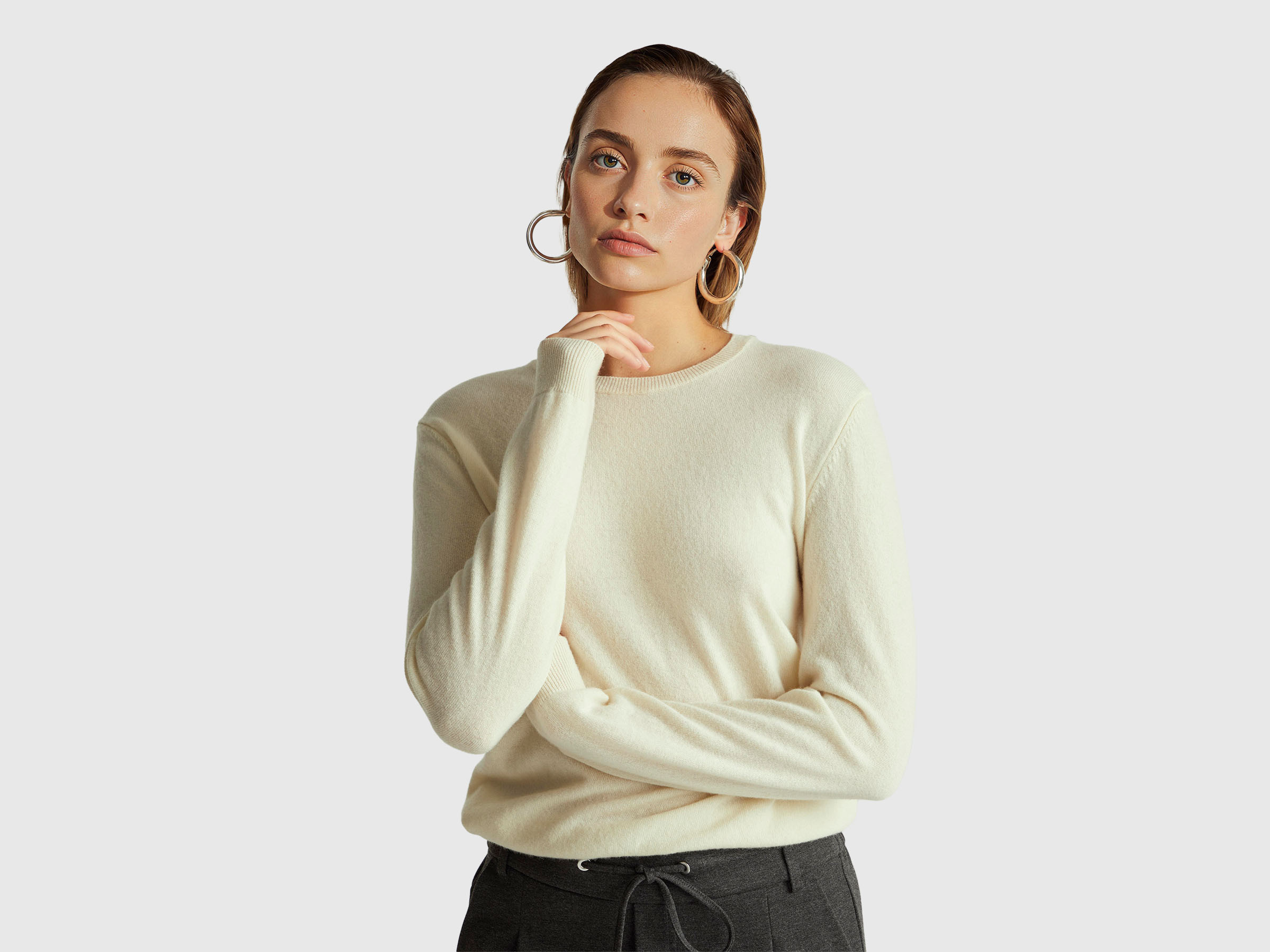 Cream crew neck sweater in pure Merino wool - Creamy White | Benetton | Benetton (EU)