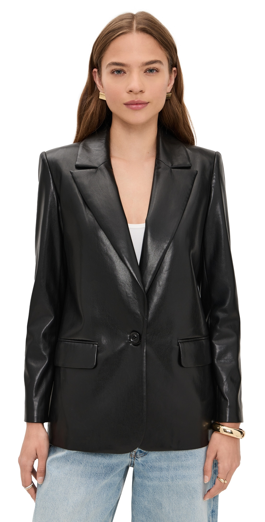 alice + olivia Denny Vegan Leather Notch Collar Blazer Black S | Shopbop