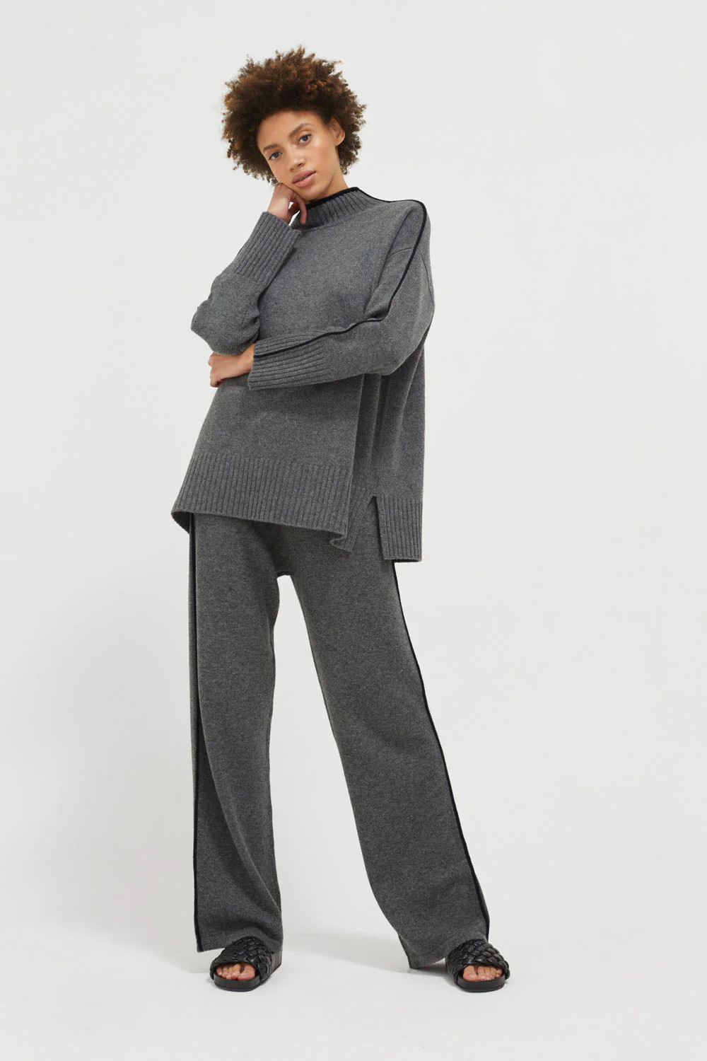 Grey Wool-Cashmere Piped Wide-Leg Pants | Chinti and Parker