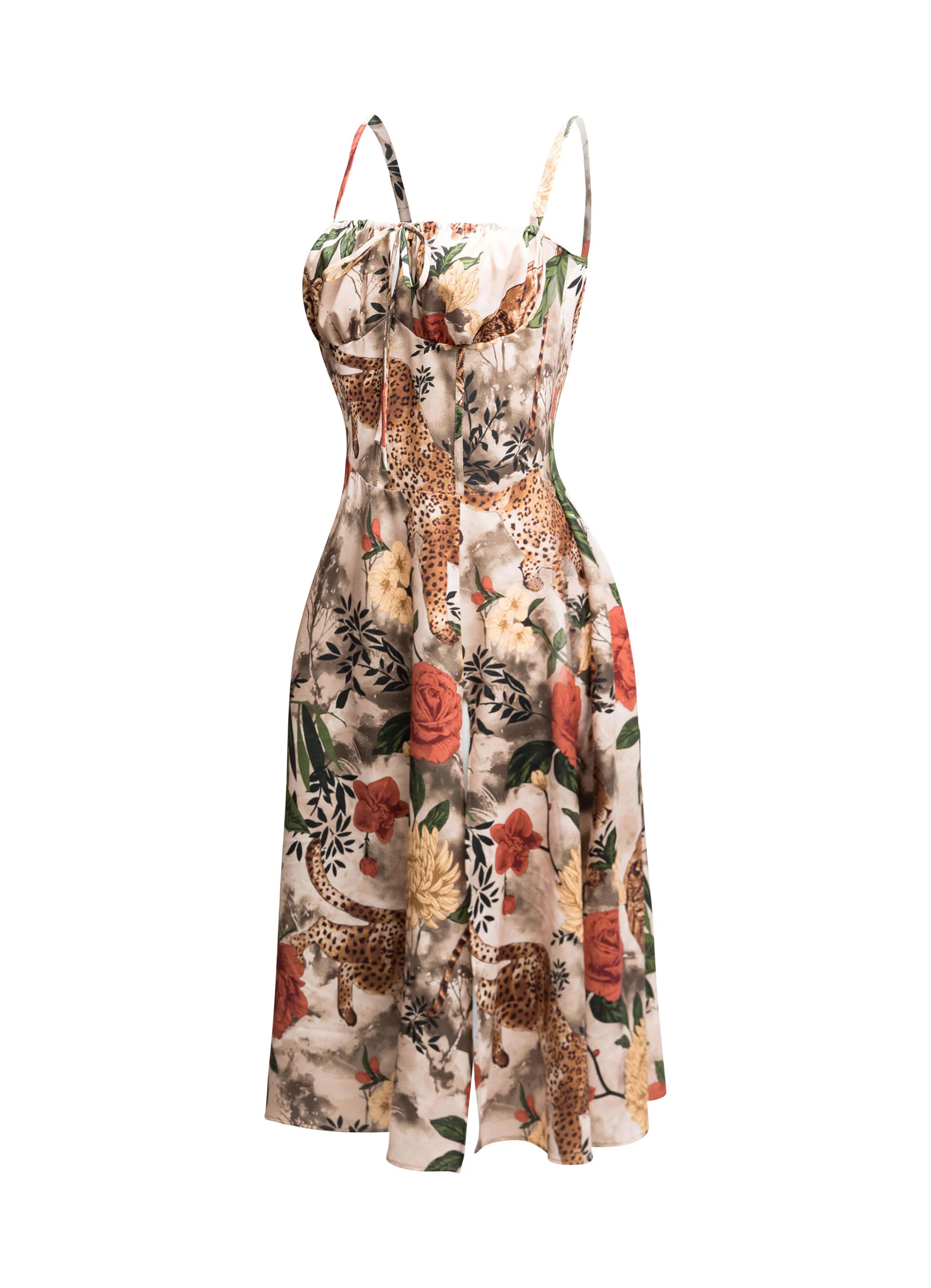 Cheeta printed side slit open flare midi dress | Bogomore