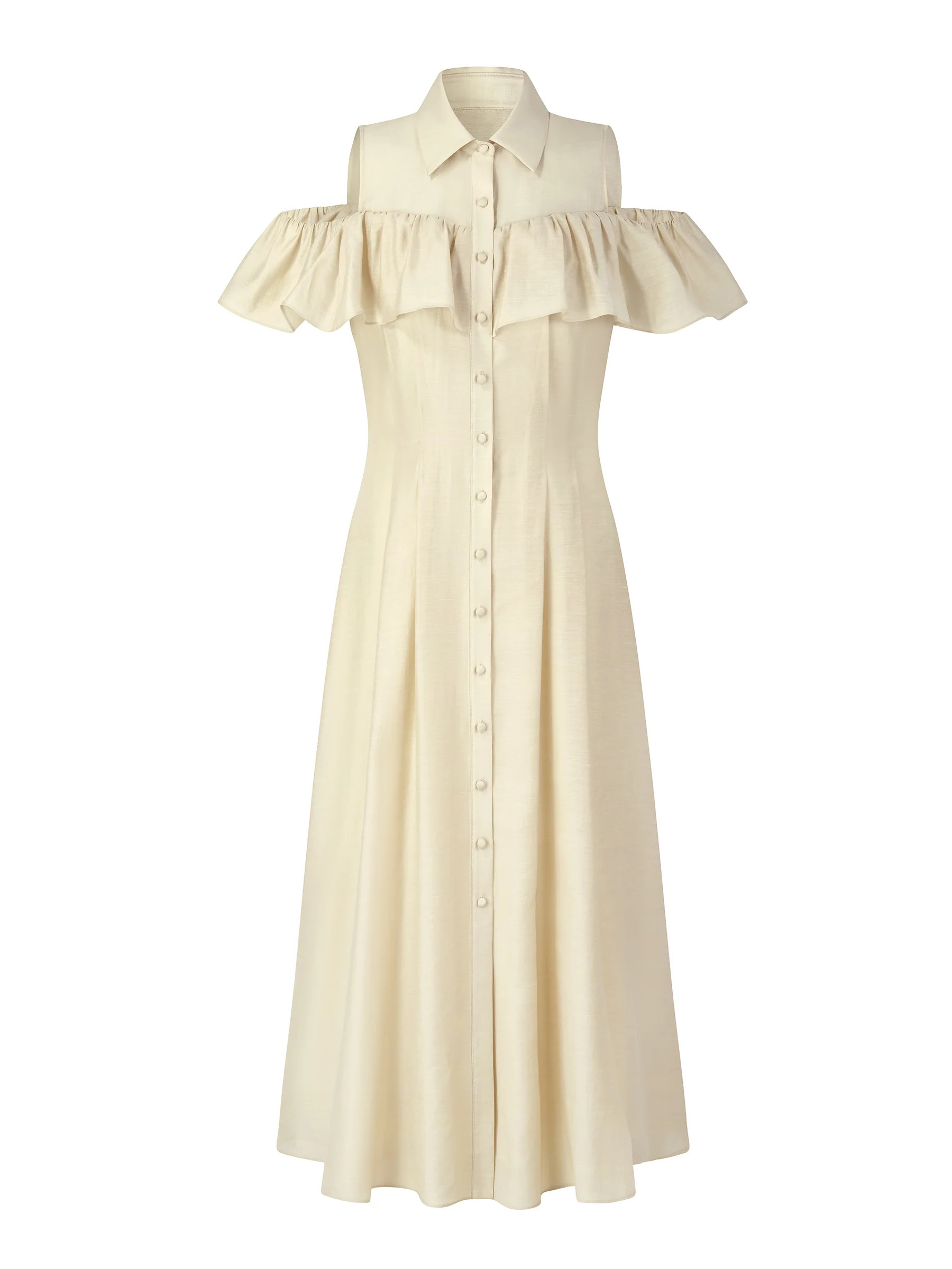 Tencel Acetate Linen Blend Cold Shoulder Women Maxi Dress | GOELIA
