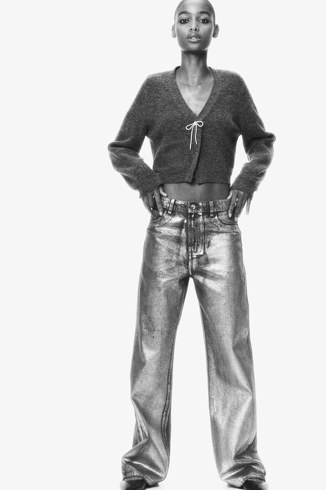 Bow-Detail Rib-Knit Cardigan - Dark gray melange - Ladies | H&M US | H&M (US + CA)