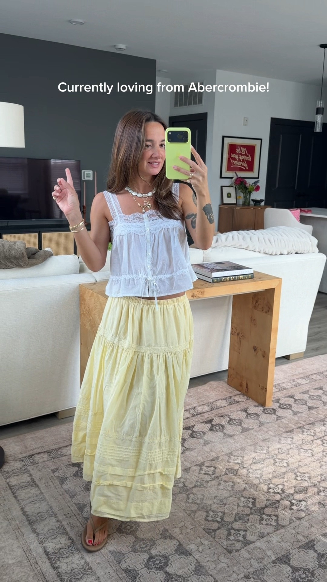 Linen-blend shorts: 25
Linen-blend jeans: 24 short
Denim Cami: XS
Maxi skirt: XS short
Lace-trim cami: XS
Mini dress: XS petite

@abercrombie #AbercrombiePartner